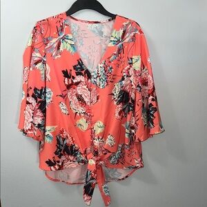 Pink Coral Floral Bell Sleeve Blouse with Tie Front